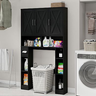 Over The Toilet Storage Cabinet with 3 Barn Doors, Space-Saving Bathroom Organizer Rack with Shelves