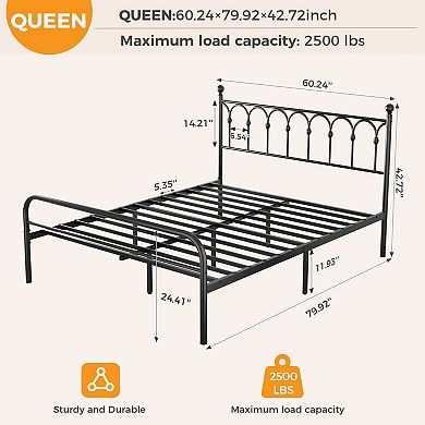 YIORTWO Metal Bed Frame with Headboard, Platform Bed with Steel Slats, No Box Spring