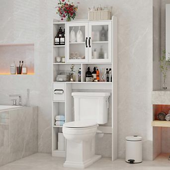 Over The Toilet Storage Cabinet with Acrylic Doors, Space-Saving Home Bathroom Organizer Rack