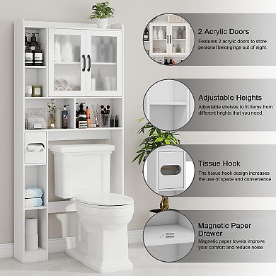 Over The Toilet Storage Cabinet with Acrylic Doors, Space-Saving Home Bathroom Organizer Rack