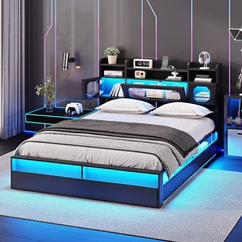 Metal Platform Bed Frame, Storage Headboard with 2 Doors + 4 Drawers, LED Lights & Charging Station