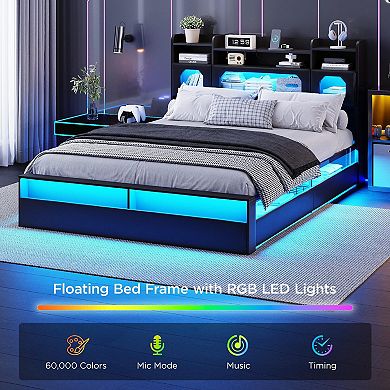 Metal Platform Bed Frame, Storage Headboard with 2 Doors + 4 Drawers, LED Lights & Charging Station