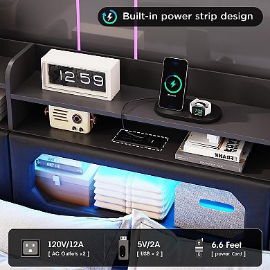Metal Platform Bed Frame, Storage Headboard with 2 Doors + 4 Drawers, LED Lights & Charging Station