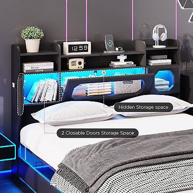 Metal Platform Bed Frame, Storage Headboard with 2 Doors + 4 Drawers, LED Lights & Charging Station