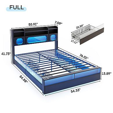 Metal Platform Bed Frame, Storage Headboard with 2 Doors + 4 Drawers, LED Lights & Charging Station