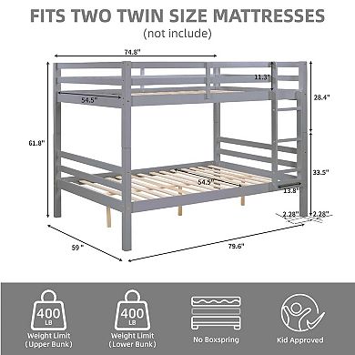 YIORTWO Solid Wood Bunk Bed with Guardrails and Ladder, Space-Saving Platform Bed