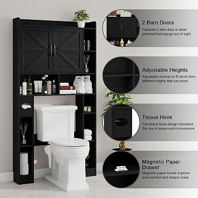 Vabches Over the Toilet Storage Cabinet with Doors, Bathroom Organizer with Open Shelves, Black