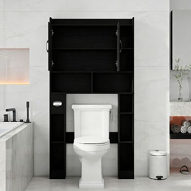 Vabches Over the Toilet Storage Cabinet with Doors, Bathroom Organizer with Open Shelves, Black