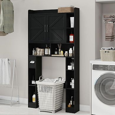 Vabches Over the Toilet Storage Cabinet with Doors, Bathroom Organizer with Open Shelves, Black