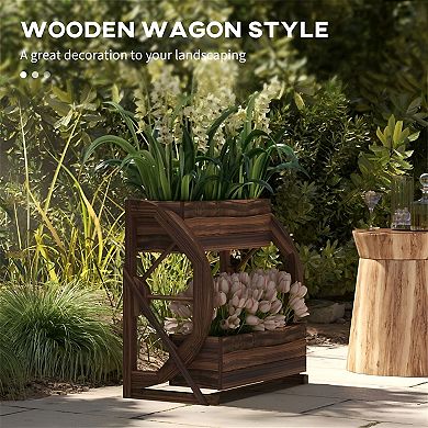 Patio and Yard Raised Wooden Planter with Flower Boxes and Decorative Wheel Design