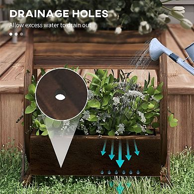 Patio and Yard Raised Wooden Planter with Flower Boxes and Decorative Wheel Design