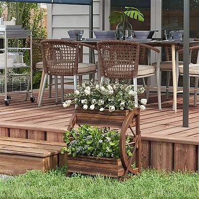 Patio and Yard Raised Wooden Planter with Flower Boxes and Decorative Wheel Design