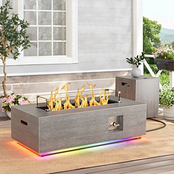 42" Propane Fire Pit Table with LED Light - 50,000 BTU with Wind Guard(Light Brown/RGB Light)