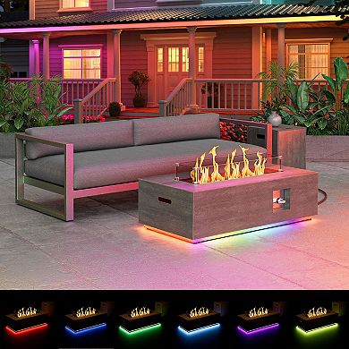 42" Propane Fire Pit Table with LED Light - 50,000 BTU with Wind Guard(Light Brown/RGB Light)