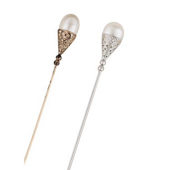 2 pc Women's Pearl Jewelry Vintage Hat Pin with Flexible Bendable Design, 1Silvery+1Gold
