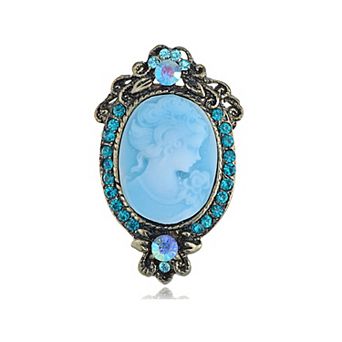 Antique Golden Tone Light Blue Rhinestones Cameo Woman Brooch Pin