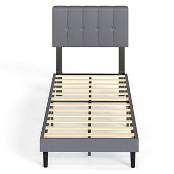 YIORTWO Upholstered Bed Frame with Adjustable Headboard, Metal Platform Bed with Wood Slats