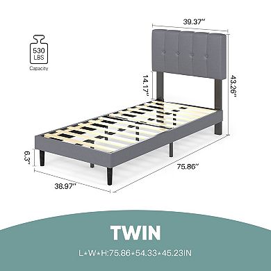 YIORTWO Upholstered Bed Frame with Adjustable Headboard, Metal Platform Bed with Wood Slats