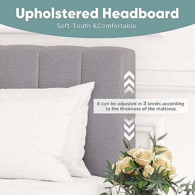 YIORTWO Upholstered Bed Frame with Adjustable Headboard, Metal Platform Bed with Wood Slats