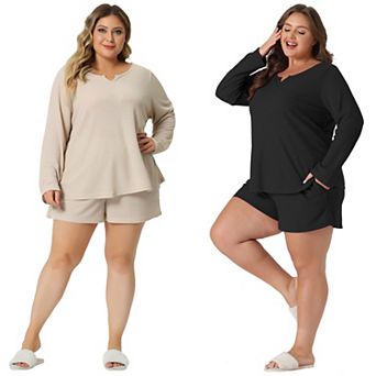 2 Sets Women's Plus Size Loungewear Waffle 2 pc Long Sleeved Tops and Shorts Pajama Sets