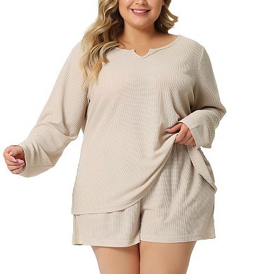 2 Sets Women's Plus Size Loungewear Waffle 2 Piece Long Sleeved Tops and Shorts Pajama Sets