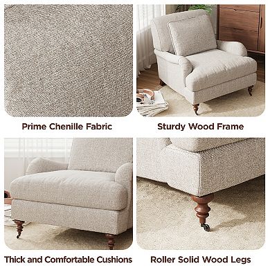 Mid-Century Chenille Accent Chair, Upholstered Single Sofa with Wood Legs & Metal Casters