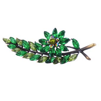 Antique Inspired Emerald Peridot Green Crystal Christmas Holly Leaf Flower Tree Brooch Pin
