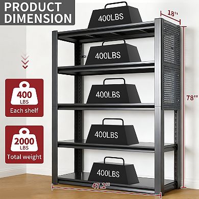 VIYET 78"H Metal Garage Shelving with Pegboard - 5-Tier 2000LBS Heavy Duty Adjustable Storage Rack