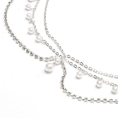 Headpiece Multi-layered Rhinestone Faux Pearls Head Chain Silver Tone 1 Pc