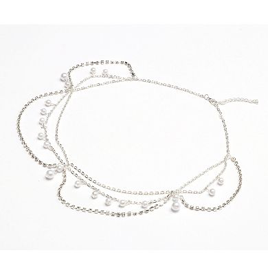 Headpiece Multi-layered Rhinestone Faux Pearls Head Chain Silver Tone 1 Pc