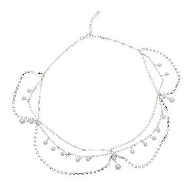 Headpiece Multi-layered Rhinestone Faux Pearls Head Chain Silver Tone 1 Pc