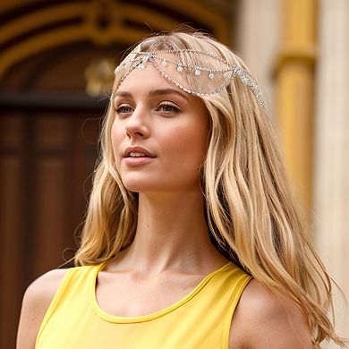 Headpiece Multi-layered Rhinestone Faux Pearls Head Chain Silver Tone 1 Pc