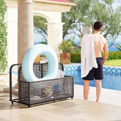 Rattan Storage Cart with Wheels and Basket for Patio or Poolside