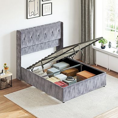 YIORTWO Upholstered Storage Bed Frame with Hydraulic Lift, Platform Bed with Headboard