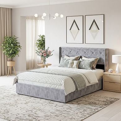 YIORTWO Upholstered Storage Bed Frame with Hydraulic Lift, Platform Bed with Headboard