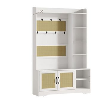 Modern Boho Hall Tree with Bench and Shoe Storage, Entryway Coat Rack with LED Light