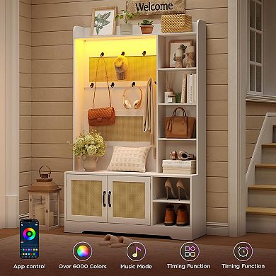 Modern Boho Hall Tree with Bench and Shoe Storage, Entryway Coat Rack with LED Light