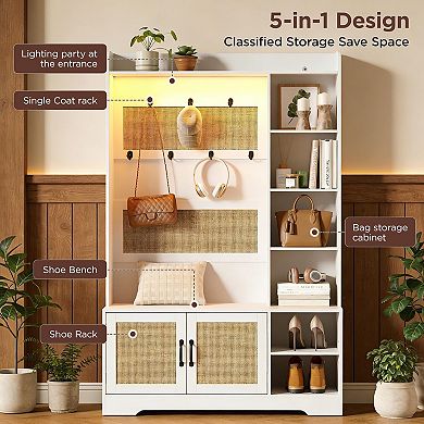 Modern Boho Hall Tree with Bench and Shoe Storage, Entryway Coat Rack with LED Light