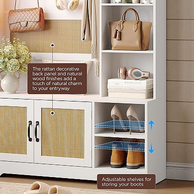 Modern Boho Hall Tree with Bench and Shoe Storage, Entryway Coat Rack with LED Light