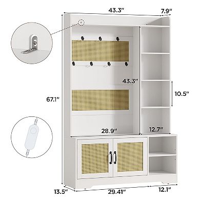 Modern Boho Hall Tree with Bench and Shoe Storage, Entryway Coat Rack with LED Light