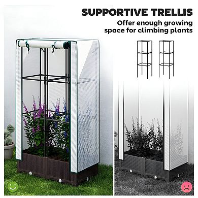 Raised Garden Bed Planter with Dual Trellis, Greenhouse Cover and Self Watering System