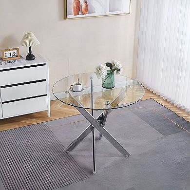 Modern Expandable Dining Table with Tempered Glass Top and Metal Base