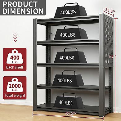 VIYET 72"H Metal Garage Shelving with Pegboard - 24" Deep 5-Tier 2000LBS Heavy Duty Storage Rack