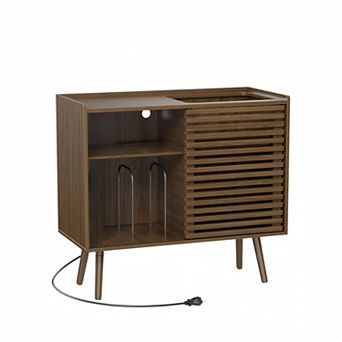 Mid Century Modern Record Player Stand with Power Outlet and Storage Cabinet for Living Room