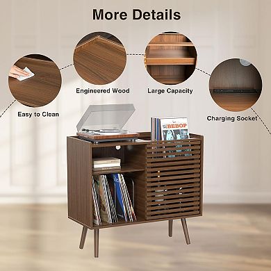 Mid Century Modern Record Player Stand with Power Outlet and Storage Cabinet for Living Room