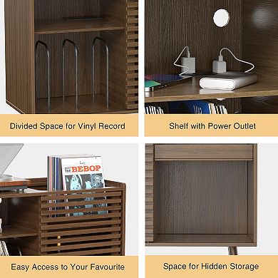 Mid Century Modern Record Player Stand with Power Outlet and Storage Cabinet for Living Room