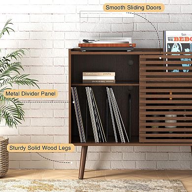Mid Century Modern Record Player Stand with Power Outlet and Storage Cabinet for Living Room