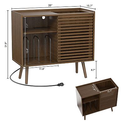 Mid Century Modern Record Player Stand with Power Outlet and Storage Cabinet for Living Room