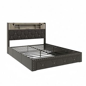 PU Upholstered Bed Frame, 3 tier Storage Headboard + 3 Drawers, RGB LED Lights & Charging Station