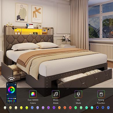 PU Upholstered Bed Frame, 3-Tier Storage Headboard + 3 Drawers, RGB LED Lights & Charging Station